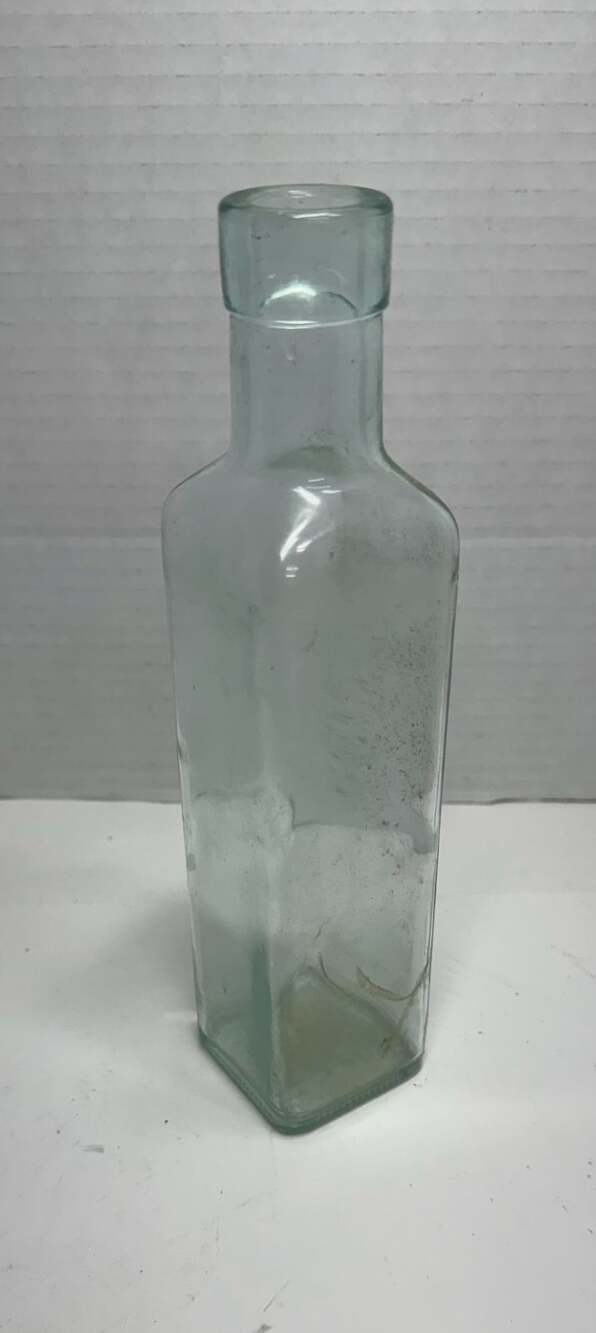 Vintage Light Green Tinted Square Glass Bottle 8.5 Inch Tall
